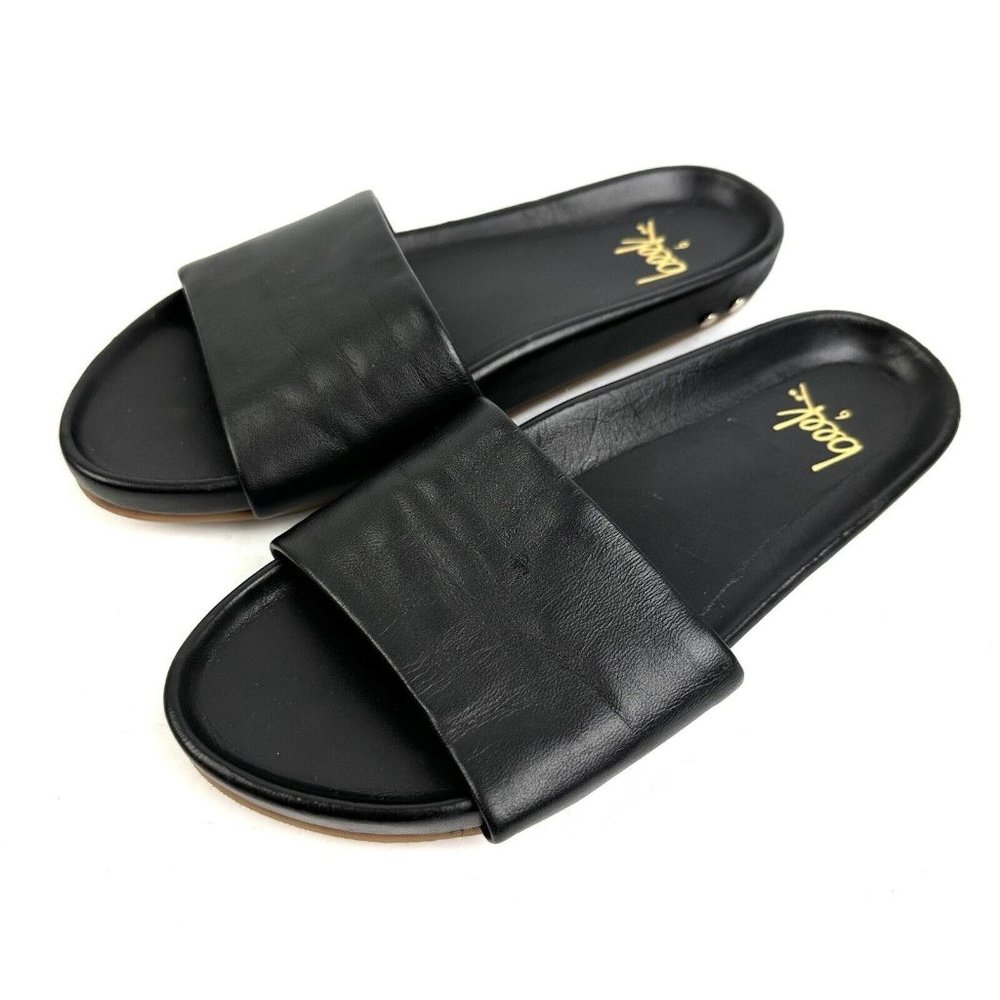 Beek Gallito 6 Sandals Black Leather Slip On Womens Slides Gold Accent